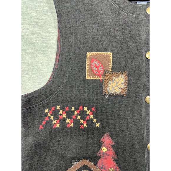 Woolrich Womens 100% Wool Vest L Black Cabin Patchwork‎ Bear Tree Buttons Rustic - Picture 3 of 7